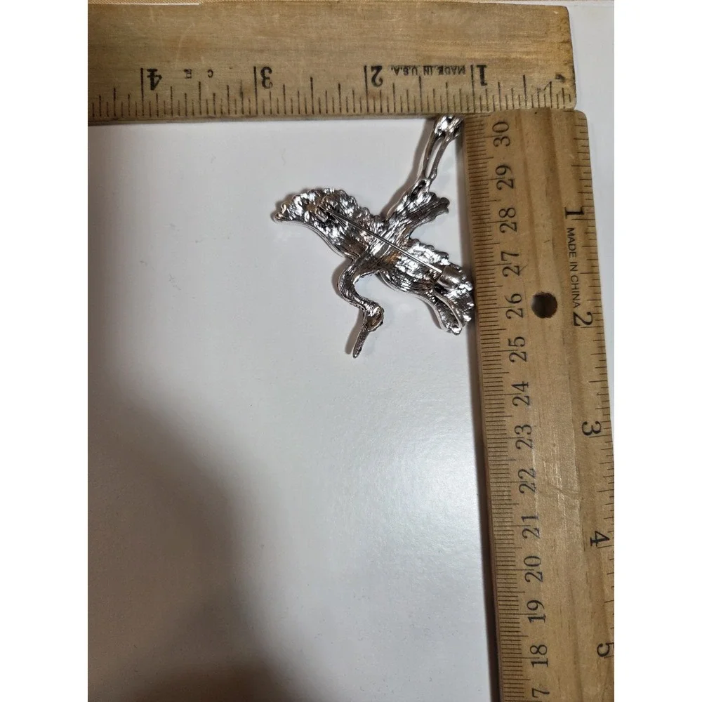 Multicolor Rhinstone Crane Brooch Pendant Silver-Tone